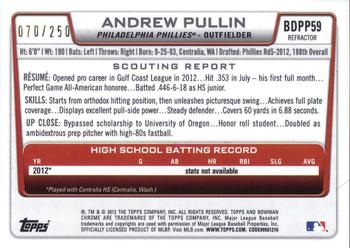 2012 Bowman Draft Picks & Prospects - Chrome Draft Picks Blue Refractors #BDPP59 Andrew Pullin Back