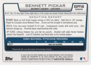 2012 Bowman Draft Picks & Prospects - Chrome Draft Picks Refractors #BDPP100 Bennett Pickar Back