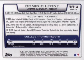 2012 Bowman Draft Picks & Prospects - Chrome Draft Picks Refractors #BDPP164 Dominic Leone Back