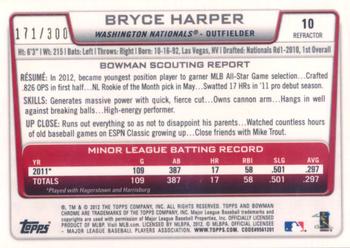 2012 Bowman Draft Picks & Prospects - Chrome Refractors #10 Bryce Harper Back