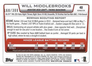 2012 Bowman Draft Picks & Prospects - Chrome Refractors #40 Will Middlebrooks Back