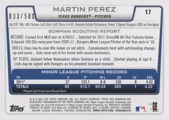 2012 Bowman Draft Picks & Prospects - Blue #17 Martin Perez Back