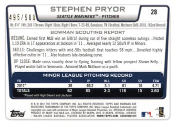 2012 Bowman Draft Picks & Prospects - Blue #28 Stephen Pryor Back
