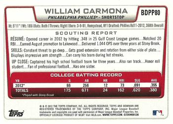2012 Bowman Draft Picks & Prospects - Draft Picks #BDPP80 William Carmona Back