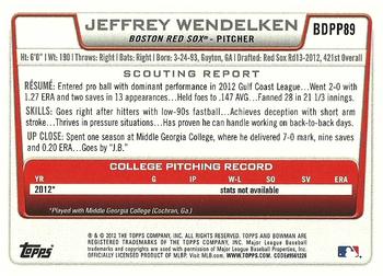 2012 Bowman Draft Picks & Prospects - Draft Picks #BDPP89 Jeffrey Wendelken Back