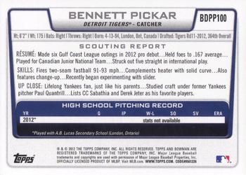 2012 Bowman Draft Picks & Prospects - Draft Picks #BDPP100 Bennett Pickar Back