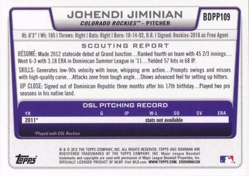 2012 Bowman Draft Picks & Prospects - Draft Picks #BDPP109 Johendi Jiminian Back