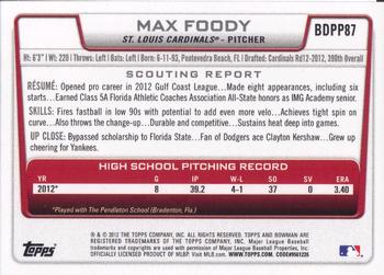 2012 Bowman Draft Picks & Prospects - Draft Picks #BDPP87 Max Foody Back