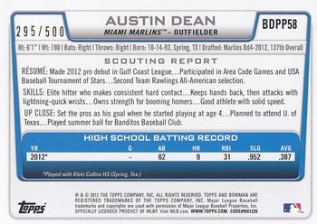 2012 Bowman Draft Picks & Prospects - Draft Picks Blue #BDPP58 Austin Dean Back