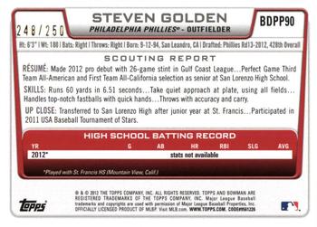 2012 Bowman Draft Picks & Prospects - Draft Picks Orange #BDPP90 Steven Golden Back