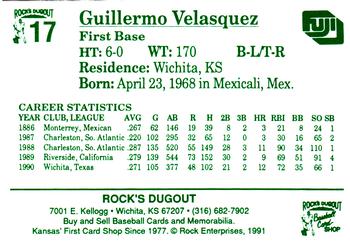 1991 Rock's Dugout Wichita Wranglers #17 Guillermo Velasquez Back