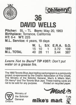 1992 Toronto Blue Jays Fire Safety #NNO David Wells Back