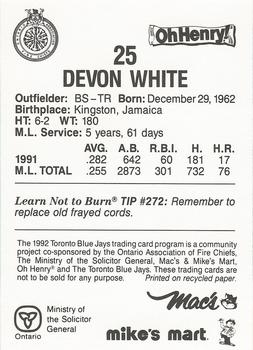 1992 Toronto Blue Jays Fire Safety #NNO Devon White Back