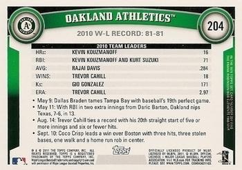 2011 Topps - Diamond Anniversary Limited Edition #204 Oakland Athletics Back