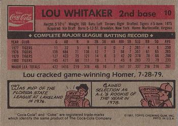 1981 Topps Coca-Cola Detroit Tigers #10 Lou Whitaker  Back