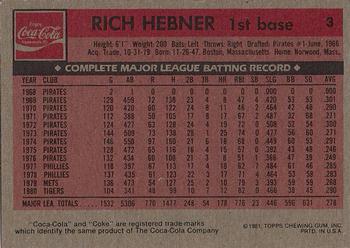 1981 Topps Coca-Cola Detroit Tigers #3 Rich Hebner Back