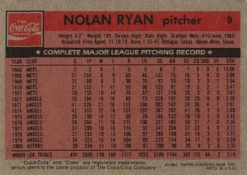 1981 Topps Coca-Cola Houston Astros #9 Nolan Ryan  Back