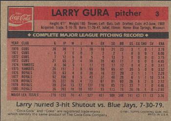 1981 Topps Coca-Cola Kansas City Royals #3 Larry Gura  Back