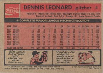 1981 Topps Coca-Cola Kansas City Royals #4 Dennis Leonard  Back