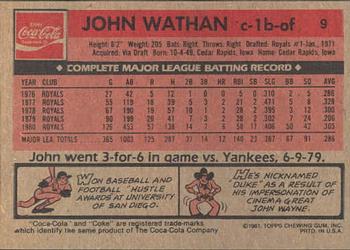 1981 Topps Coca-Cola Kansas City Royals #9 John Wathan  Back