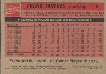 1981 Topps Coca-Cola New York Mets #9 Frank Taveras  Back
