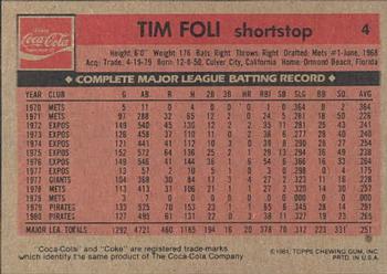 1981 Topps Coca-Cola Pittsburgh Pirates #4 Tim Foli  Back