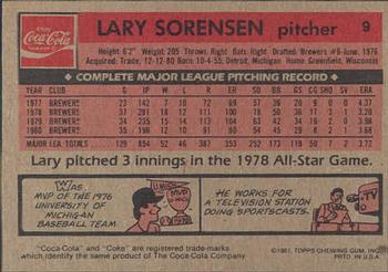 1981 Topps Coca-Cola St. Louis Cardinals #9 Lary Sorensen  Back