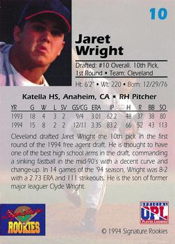 1994 Signature Rookies Draft Picks - Signatures #10 Jaret Wright Back
