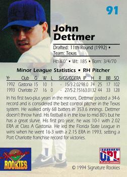 1994 Signature Rookies Draft Picks - Signatures #91 John Dettmer Back
