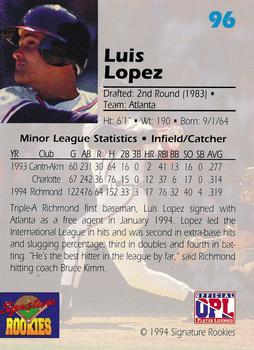 1994 Signature Rookies Draft Picks - Signatures #96 Luis Lopez Back