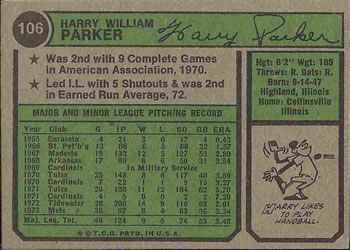 1974 Topps #106 Harry Parker Back