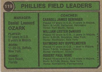 1974 Topps #119 Phillies Field Leaders (Danny Ozark / Carroll Beringer / Bobby Wine / Ray Rippelmeyer / Billy Demars) Back