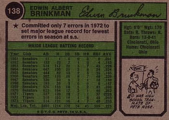 1974 Topps #138 Ed Brinkman Back