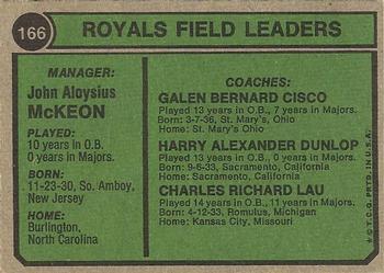 1974 Topps #166 Royals Field Leaders (Jack McKeon / Charlie Lau / Galen Cisco / Harry Dunlop) Back