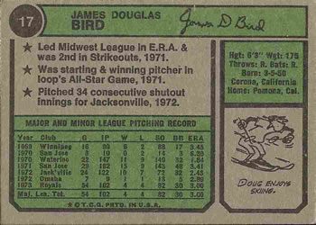 1974 Topps #17 Doug Bird Back