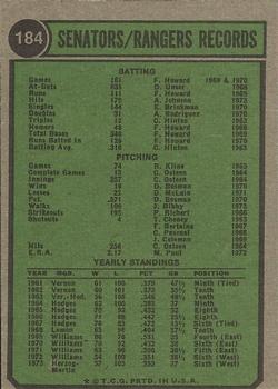 1974 Topps #184 Texas Rangers Back