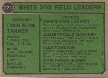 1974 Topps #221 White Sox Field Leaders (Chuck Tanner / Joe Lonnett / Jim Mahoney / Alex Monchak / Johnny Sain) Back