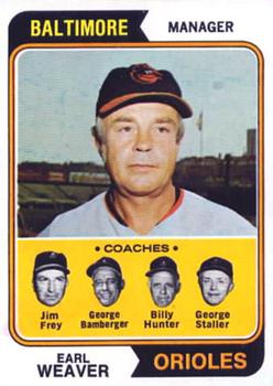 1974 Topps #306 Orioles Field Leaders (Earl Weaver / Jim Frey / George Bamberger / Billy Hunter / George Staller) Front