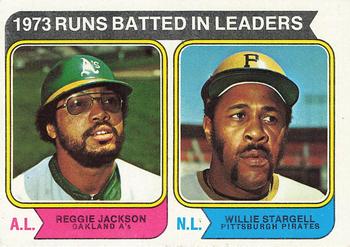 1974 Topps #203 1973 Runs Batted In Leaders (Reggie Jackson / Willie Stargell) Front
