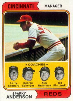 1974 Topps #326 Reds Field Leaders (Sparky Anderson / Larry Shepard / George Scherger / Ted Kluszewski / Alex Grammas) Front