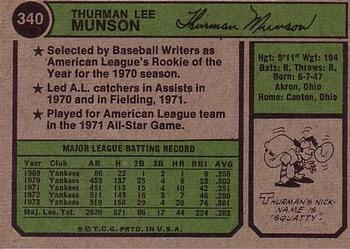 1974 Topps #340 Thurman Munson Back