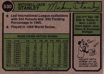 1974 Topps #530 Mickey Stanley Back