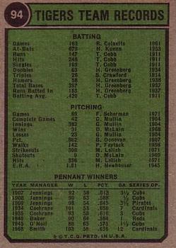 1974 Topps #94 Detroit Tigers Back