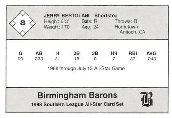 1988 Jennings Southern League All-Stars #8 Jerry Bertolani Back