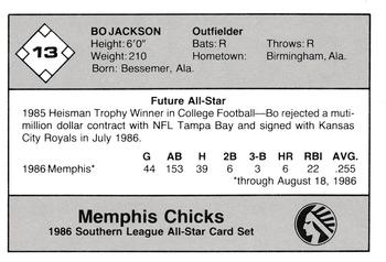 1986 Jennings Southern League All-Stars #13 Bo Jackson Back