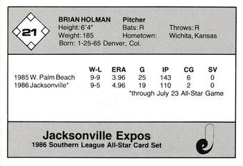 1986 Jennings Southern League All-Stars #21 Brian Holman Back
