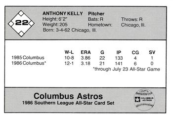 1986 Jennings Southern League All-Stars #22 Anthony Kelley Back