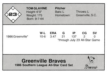 1986 Jennings Southern League All-Stars #23 Tom Glavine Back