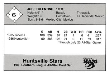 1986 Jennings Southern League All-Stars #6 Jose Tolentino Back
