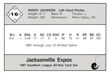 1987 Jennings Southern League All-Stars #16 Randy Johnson Back